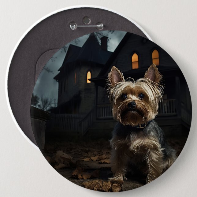 Yorkshire Terrier Halloween Scary Knapp (Framsida & baksida)
