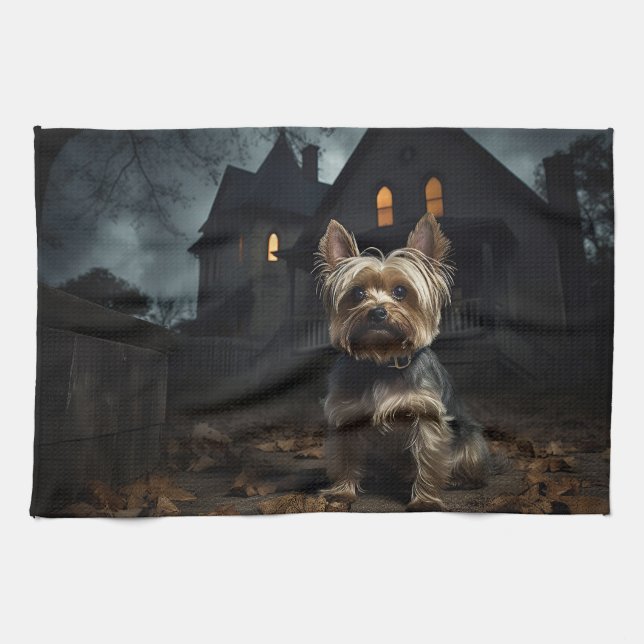 Yorkshire Terrier Halloween Skräckinjagande Kökshandduk (Horisontell)