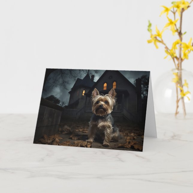 Yorkshire Terrier Halloween Skräckinjagande Kort (Gul blomma)