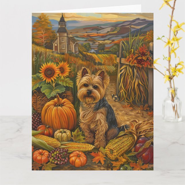 Yorkshire Terrier Hund Autumn Harvest Thanksgiving Kort (Gul blomma)