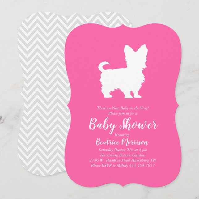 Yorkshire Terrier Hund Baby Shower Rosa Girl Inbjudningar (Fram/baksida)