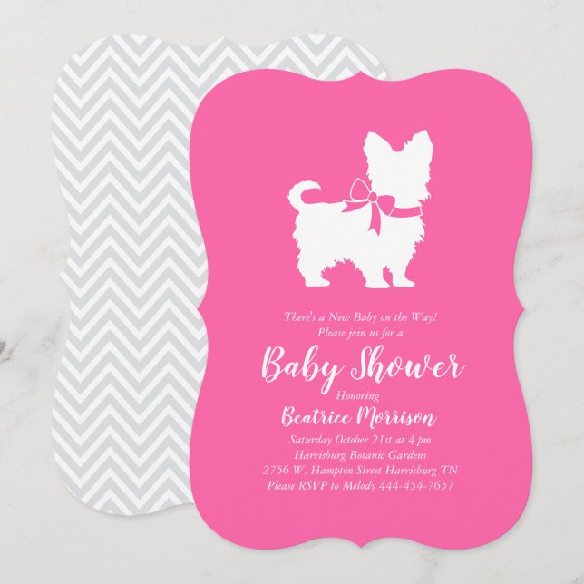 Yorkshire Terrier Hund Baby Shower Rosa Girl Inbjudningar (Fram/baksida)