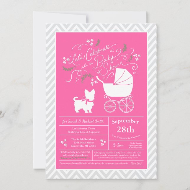 Yorkshire Terrier Hund Baby Shower Rosa Girl Inbjudningar (Framsida)