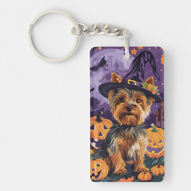 Yorkshire Terrier Hund Halloween Häxa Och Pumpa  (Framsidan)