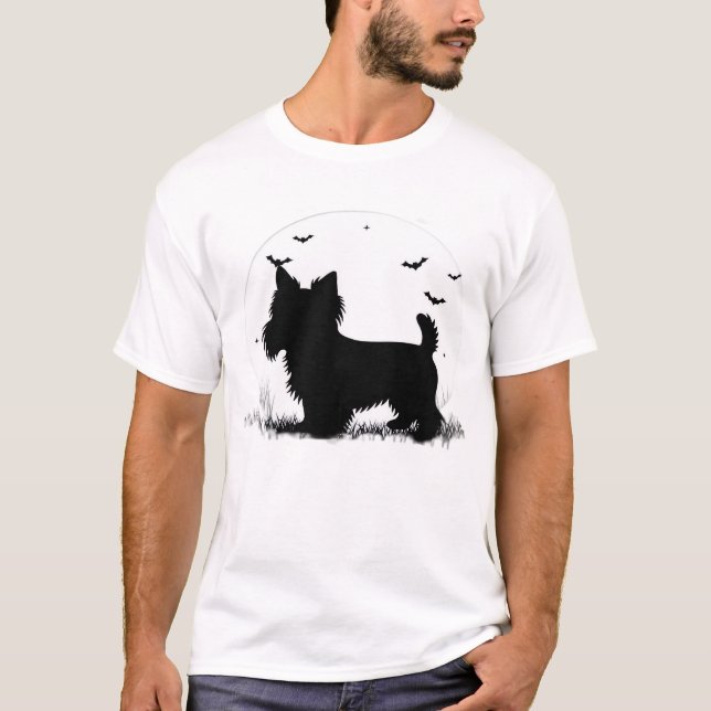 Yorkshire Terrier Hund � Halloween Mån Silhuett  T Shirt (Framsida)