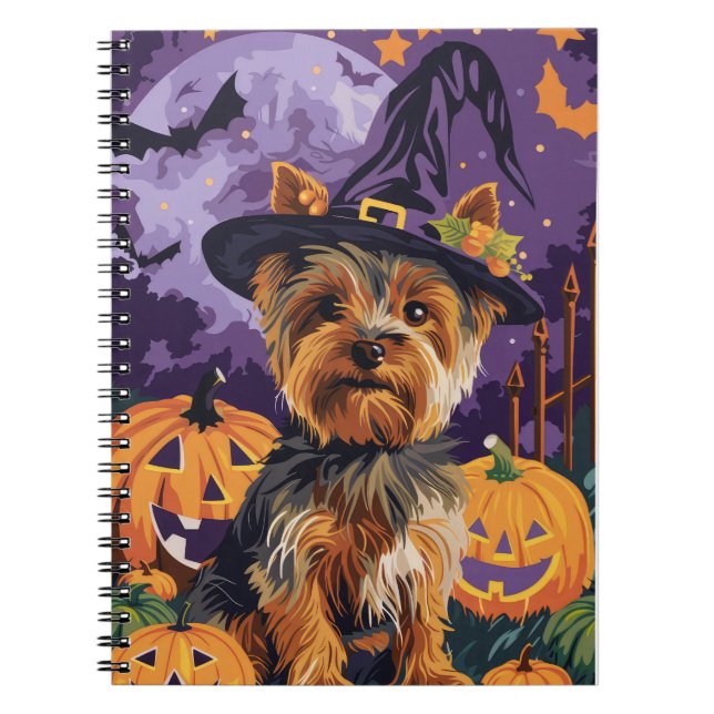 Yorkshire Terrier Hund Halloween Witch och Pumpkin Anteckningsbok (Framsidan)