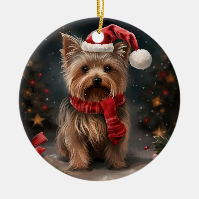 Yorkshire Terrier Hund i Snö jul Julgransprydnad Keramik (Framsidan)