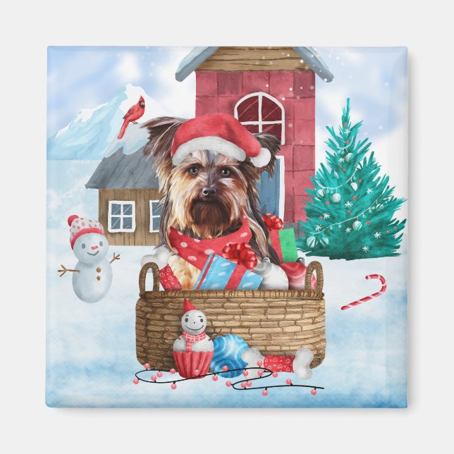 Yorkshire Terrier Hund I snö-julhuset Hund House Magnet (Framsidan)