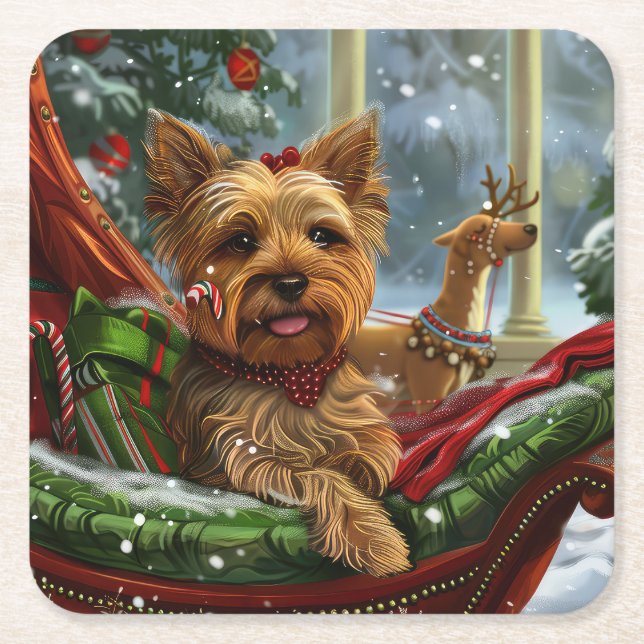 Yorkshire Terrier Hund jul Festive Underlägg Papper Kvadrat (Framsidan)