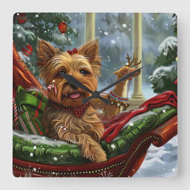 Yorkshire Terrier Hund Jul Festlig Fyrkantig Klocka (Framsida)