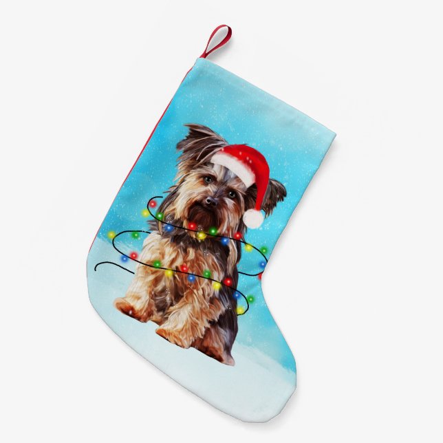 Yorkshire Terrier Hund jul Santa Hat Ljus Liten Julstrumpa (Framsidan (Hängande))