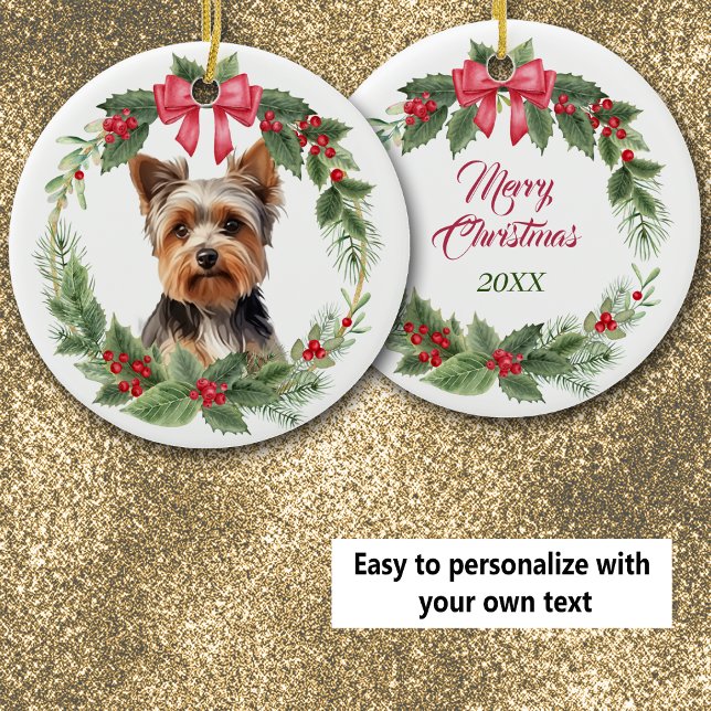 Yorkshire Terrier Hund Red Bow Holly Wandeans Julgransprydnad Keramik (Skapare uppladdad)