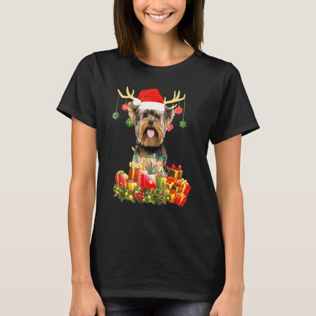 Yorkshire Terrier Hund Reindeer jultomte Lig T Shirt (Framsida)