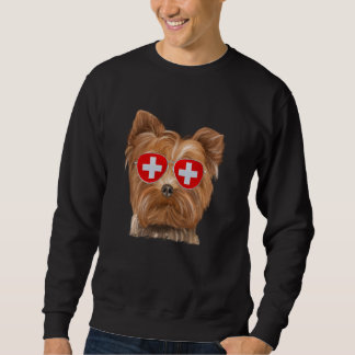Yorkshire Terrier Hund Schweiz Flagga Sunglasses Lång Ärmad Tröja