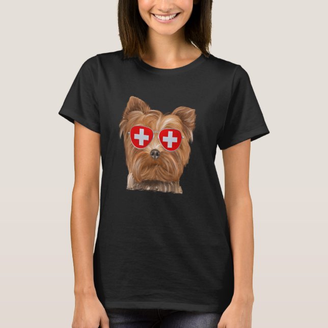 Yorkshire Terrier Hund Schweiz Flagga Sunglasses T Shirt (Framsida)