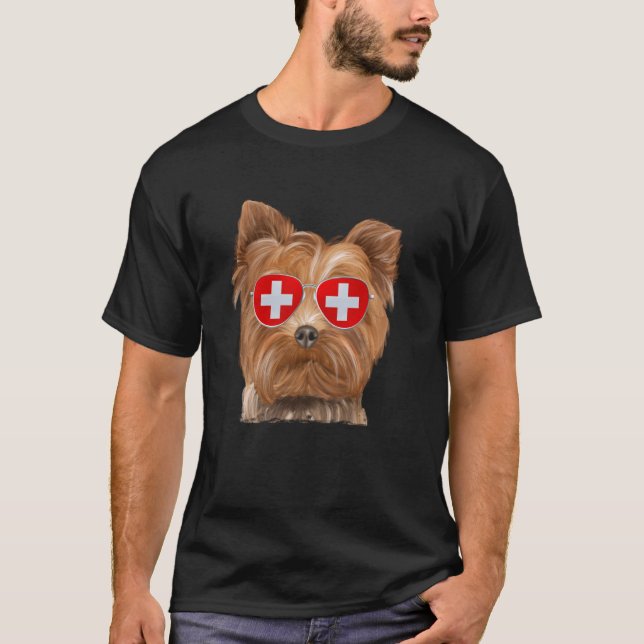 Yorkshire Terrier Hund Schweiz Flagga Sunglasses T Shirt (Framsida)