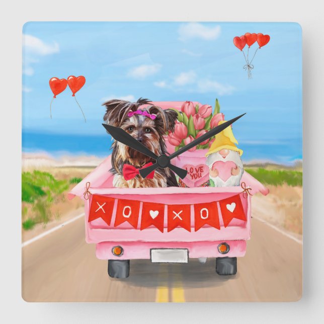 Yorkshire Terrier Hund Valentine Day Lastbil Heart Fyrkantig Klocka (Framsida)