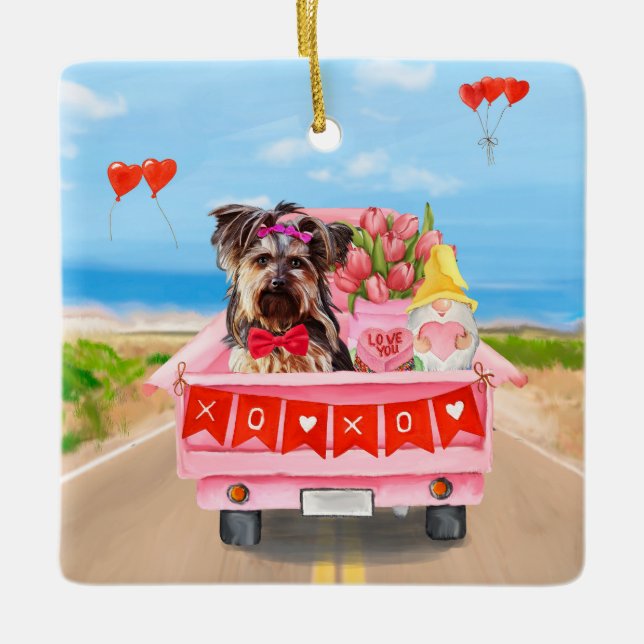 Yorkshire Terrier Hund Valentine Day Lastbil Heart Julgransprydnad Keramik (Framsida)