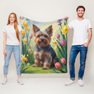 Yorkshire Terrier Hund Vårblommor Målning Fleecefilt