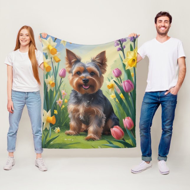 Yorkshire Terrier Hund Vårblommor Målning  Fleecefilt (På plats)