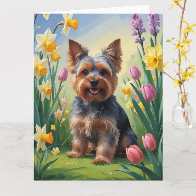 Yorkshire Terrier Hund Vårblommor Målning  Kort (Gul blomma)