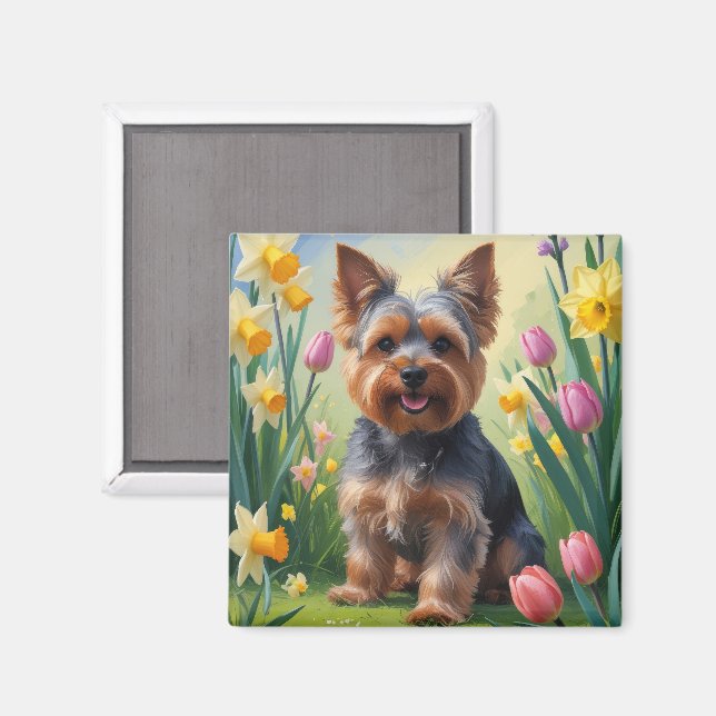 Yorkshire Terrier Hund Vårblommor Målning  Magnet (Front/Back)
