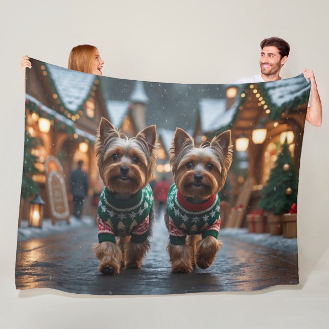 Yorkshire Terrier Hundar Jul Snö Högtid Fleecefilt (På plats)