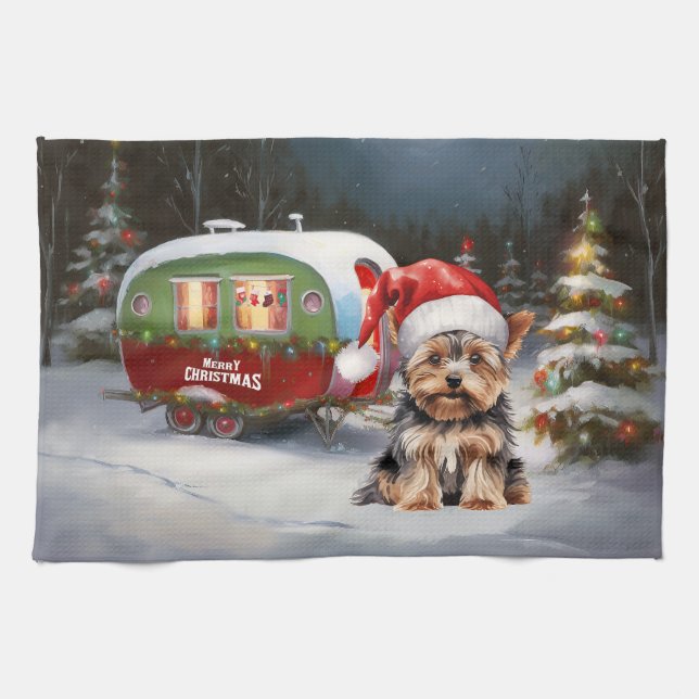Yorkshire Terrier Husvagn Juläventyr Kökshandduk (Horisontell)