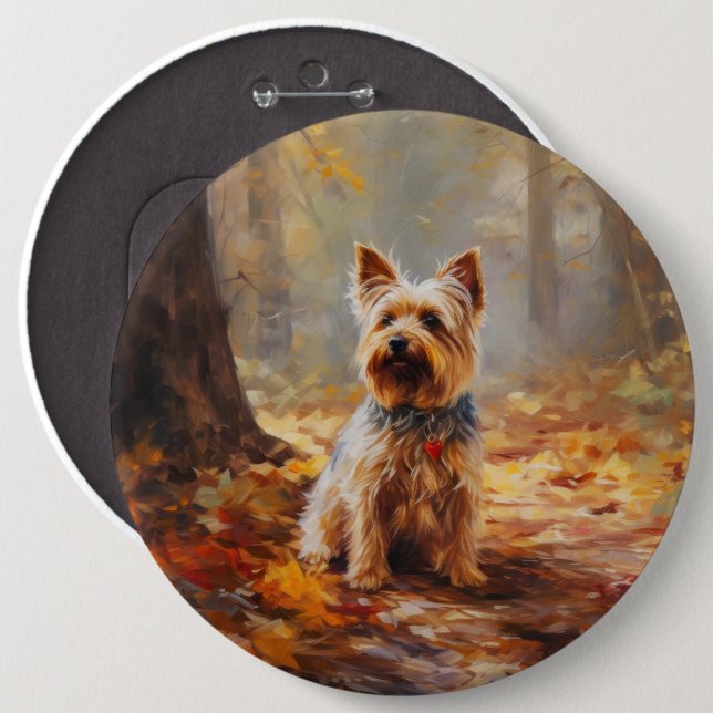 Yorkshire Terrier i höstlöv Fall Inspire  Knapp (Framsida & baksida)
