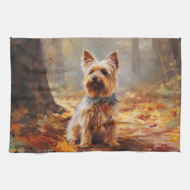 Yorkshire Terrier i höstlöv Fall Inspire  Kökshandduk (Horisontell)