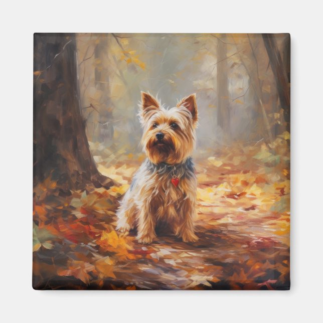 Yorkshire Terrier i höstlöv Fall Inspire  Magnet (Framsidan)