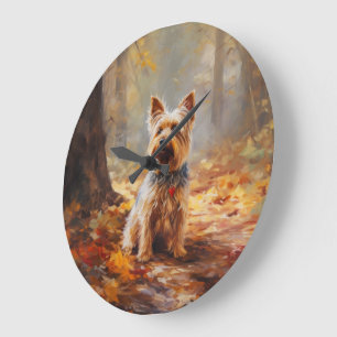 Yorkshire Terrier i höstlöv Fall Inspire Stor Klocka