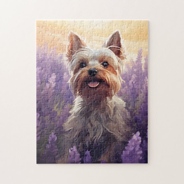 Yorkshire Terrier i Lavender fält Pussel (Vertikal)