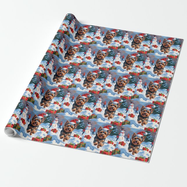 Yorkshire Terrier i Snö med jul Hat Presentpapper (Utrullad)