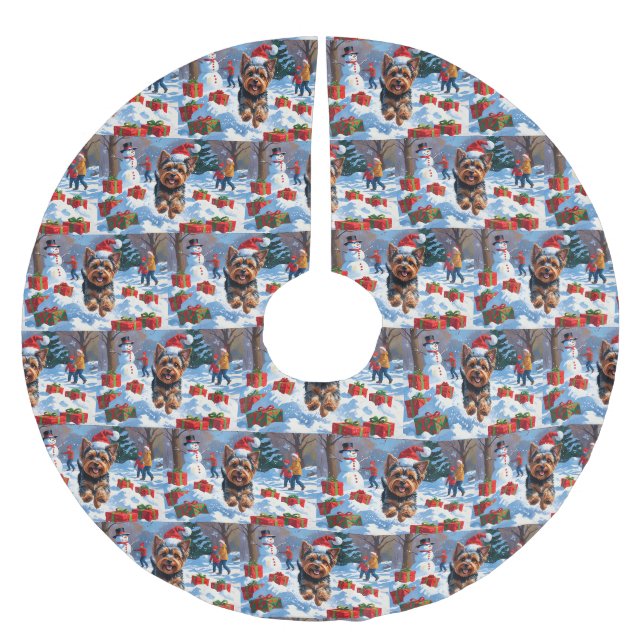 Yorkshire Terrier i snö med julhatt Julgransmatta Borstad Polyester (Framsidan)
