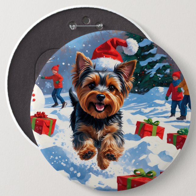 Yorkshire Terrier i snö med julhatt Knapp (Framsida & baksida)