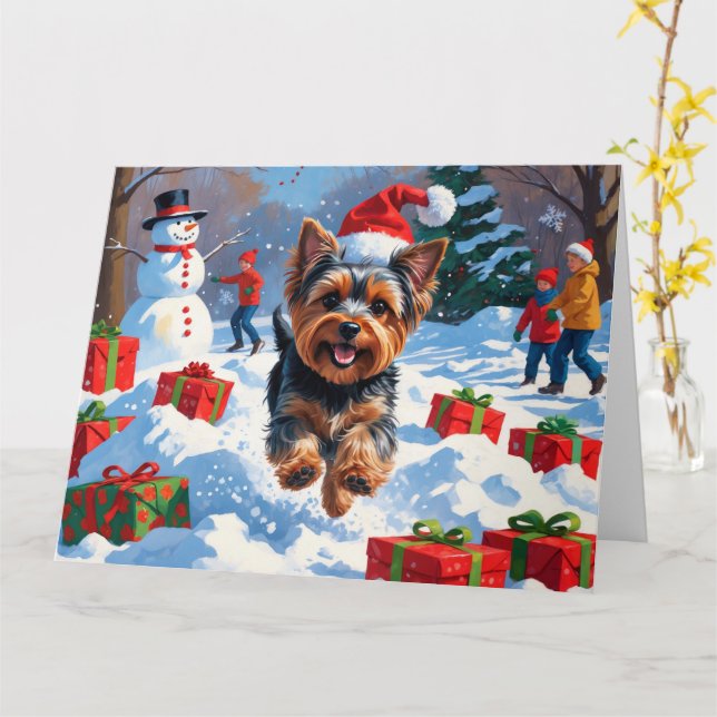 Yorkshire Terrier i snö med julhatt Kort (Gul blomma)