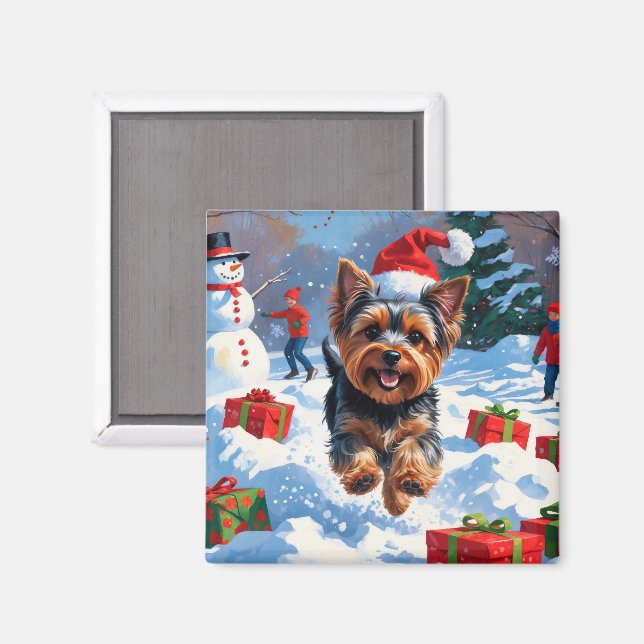 Yorkshire Terrier i snö med julhatt Magnet (Front/Back)