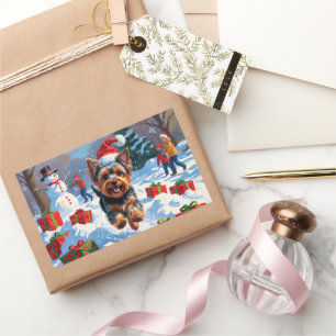 Yorkshire Terrier i snö med julhatt Rektangulärt Klistermärke