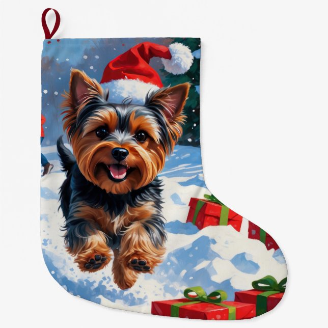 Yorkshire Terrier i snö med julhatt Stor Julstrumpa (Framsidan)