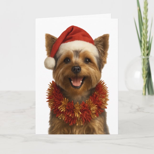 Yorkshire Terrier in a Santa hat Christmas card Kort (Framsida)