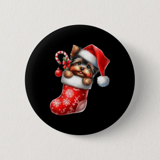 Yorkshire Terrier in Sock Santa Hat Julafton Knapp (Framsida)