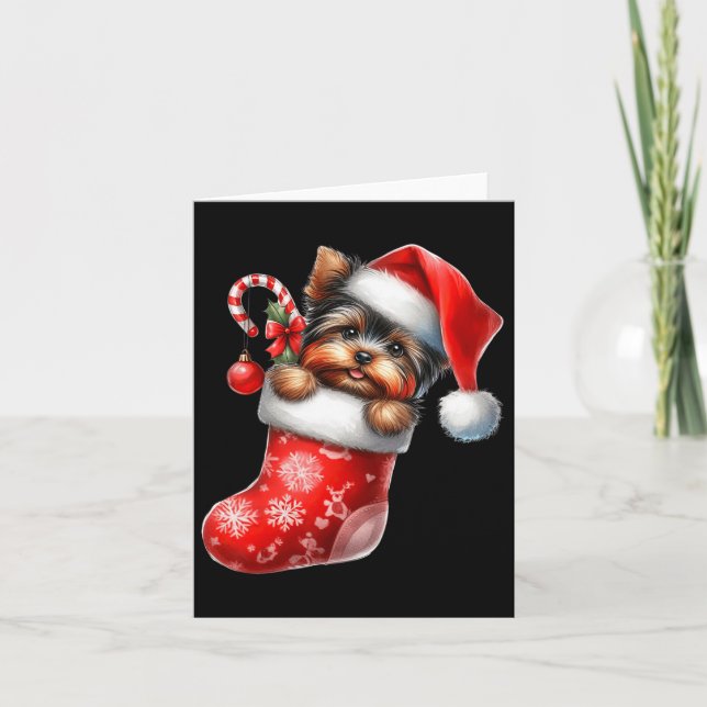 Yorkshire Terrier in Sock Santa Hat Julafton Kort (Framsida)