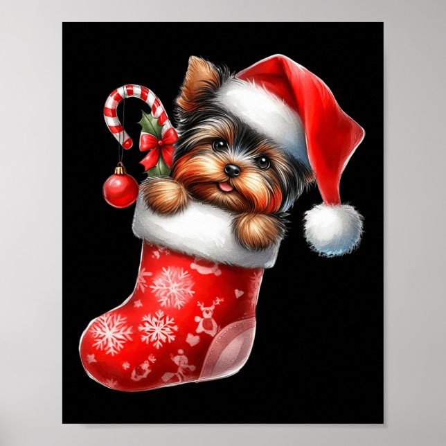 Yorkshire Terrier in Sock Santa Hat Julafton Poster (Framsidan)