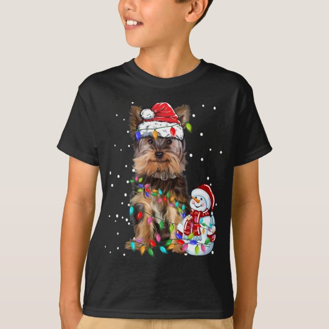 Yorkshire Terrier jul Santa Hat Julafton Ljus T Shirt (Framsida)