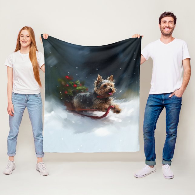 Yorkshire Terrier-jul-snö-vinter Fleecefilt (På plats)