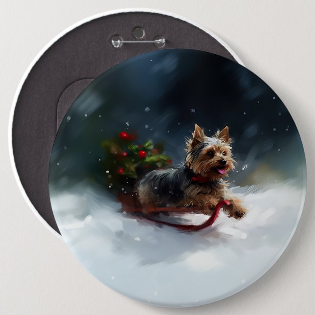 Yorkshire Terrier-jul-snö-vinter Knapp (Framsida & baksida)