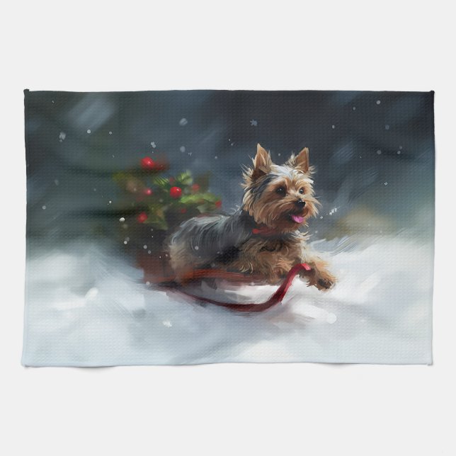 Yorkshire Terrier-jul-snö-vinter Kökshandduk (Horisontell)