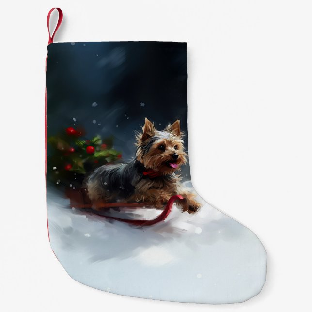 Yorkshire Terrier-jul-snö-vinter Liten Julstrumpa (Framsidan)