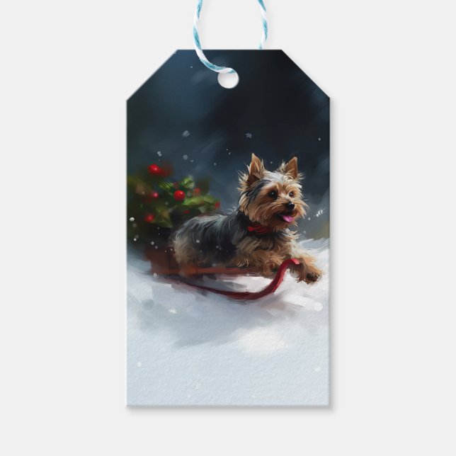 Yorkshire Terrier-jul-snö-vinter Presentetikett (Framsidan)